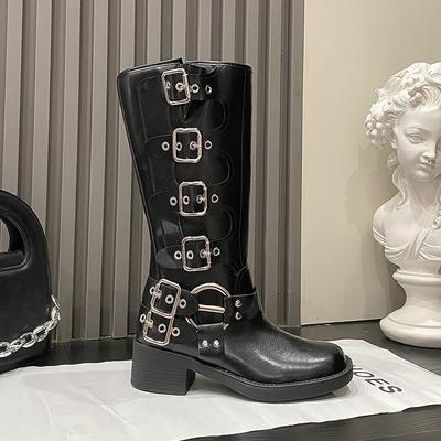 Осень и зима новые рыцарские сапоги детские толстые каблуки с круглым носком ремень пряжка средние кожаные сапоги модные ретро коричневые джинсовые сапоги