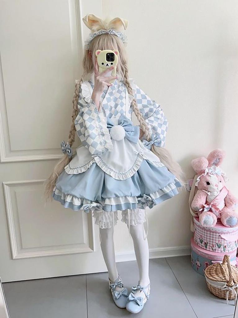 XHSUKADO Set Includes Mini and Cute Checkered Long Light Size S Women's 4-Piece Kimono/Yukata (Summer/Autumn) - Top, Skirt, Apron, Obi, Ribbon.