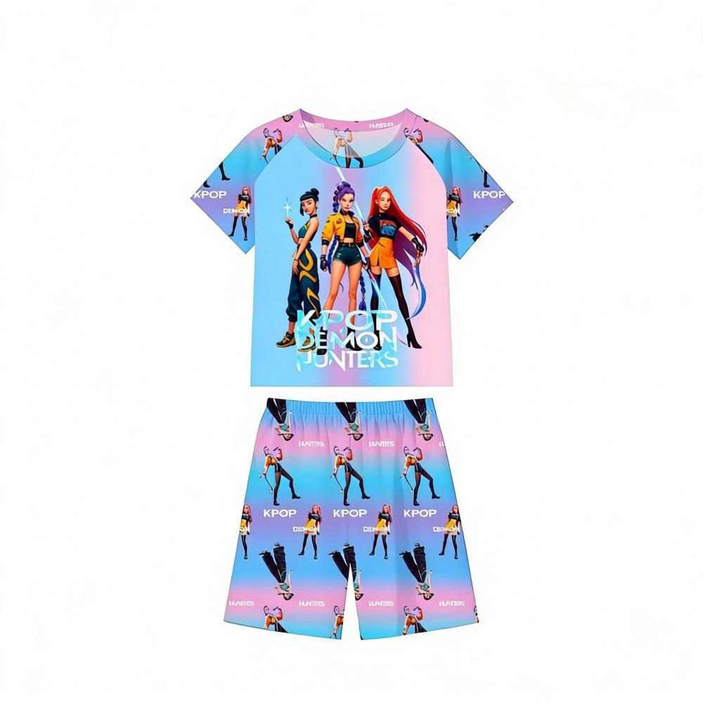 Fashion Kids Pajamas Set Kpop Demon Hunters Printed Children's O Neck Short Sleeve Tops Shorts 2pcs Summer Girls Casual T Shirt Sets