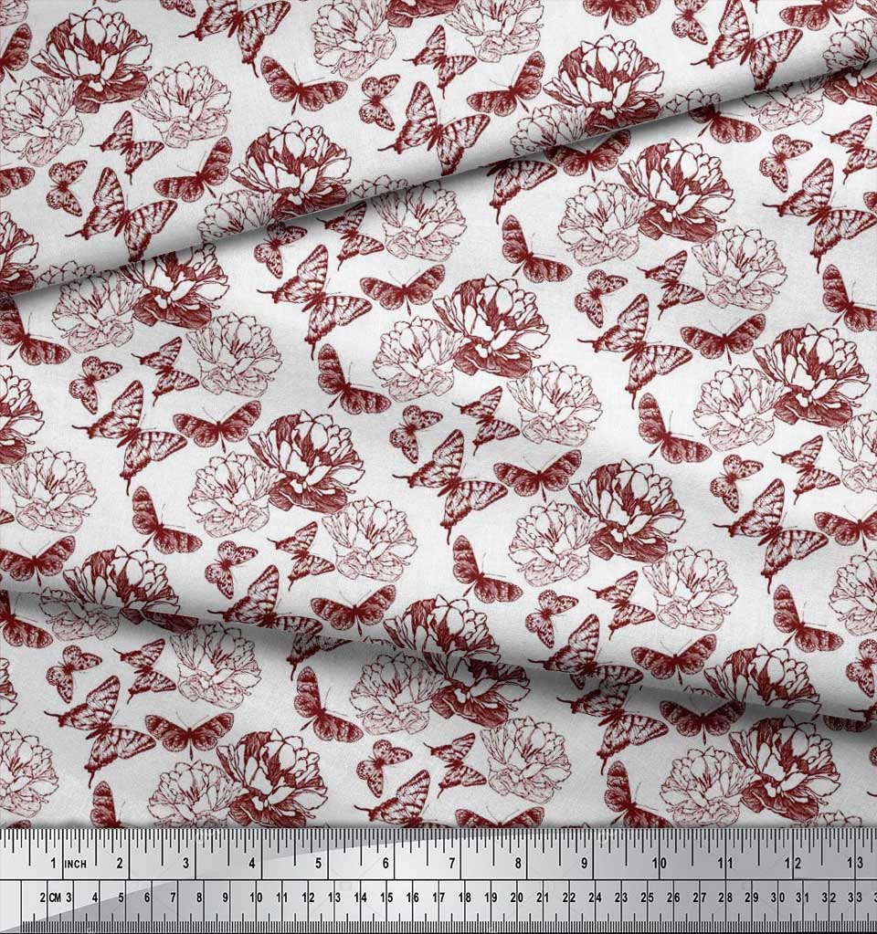 Soimoi Poly Crepe Fabric Butterfly & Peony Floral Printed Craft Fabric by the metre 42 Inch