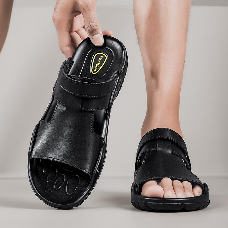 2024 Лето Новые Мужские Универсальные Модные Повседневные Кожаные Туфли Сандалии Простые Удобные Нескользящие Пляжные Туфли