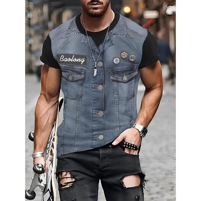 Поддельный жилет, куртка, узор, принт, футболки для мужчин, 3D, новинка, летний хип-хоп тренд, топ, мода, свободные, крутая уличная мужская одежда