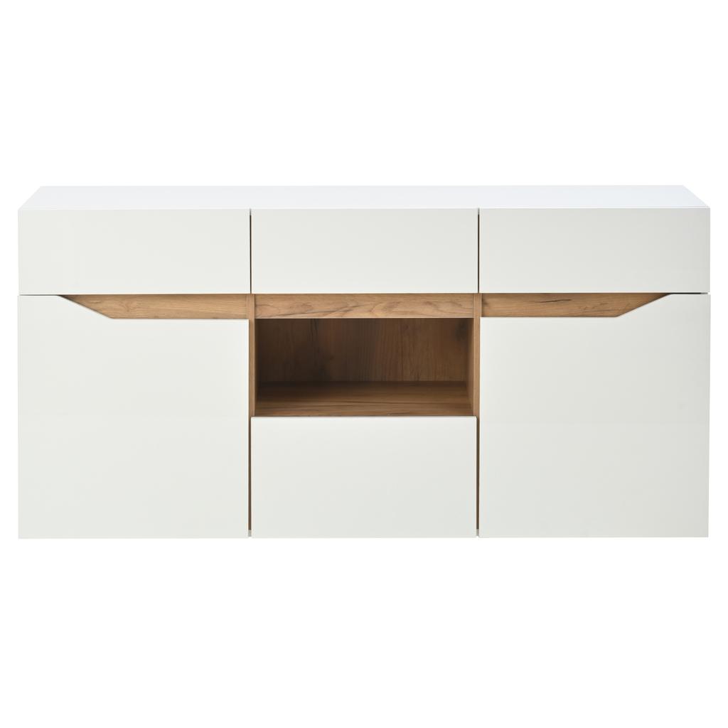 140*40*70cm Living Room Sideboard With 4 Drawers, Cabinet with Two Compartments, High-Gloss Sofa Side Cabinet with LED Lighting, White + Wood Color