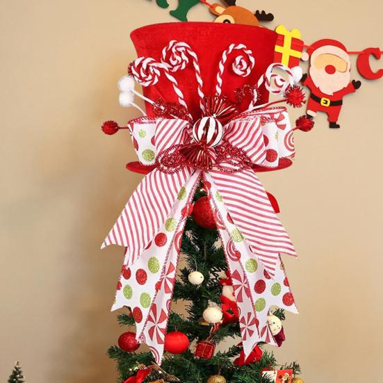 Christmas Tree Topper Hat Collapsible Top Formal Hat with Striped Ribbon