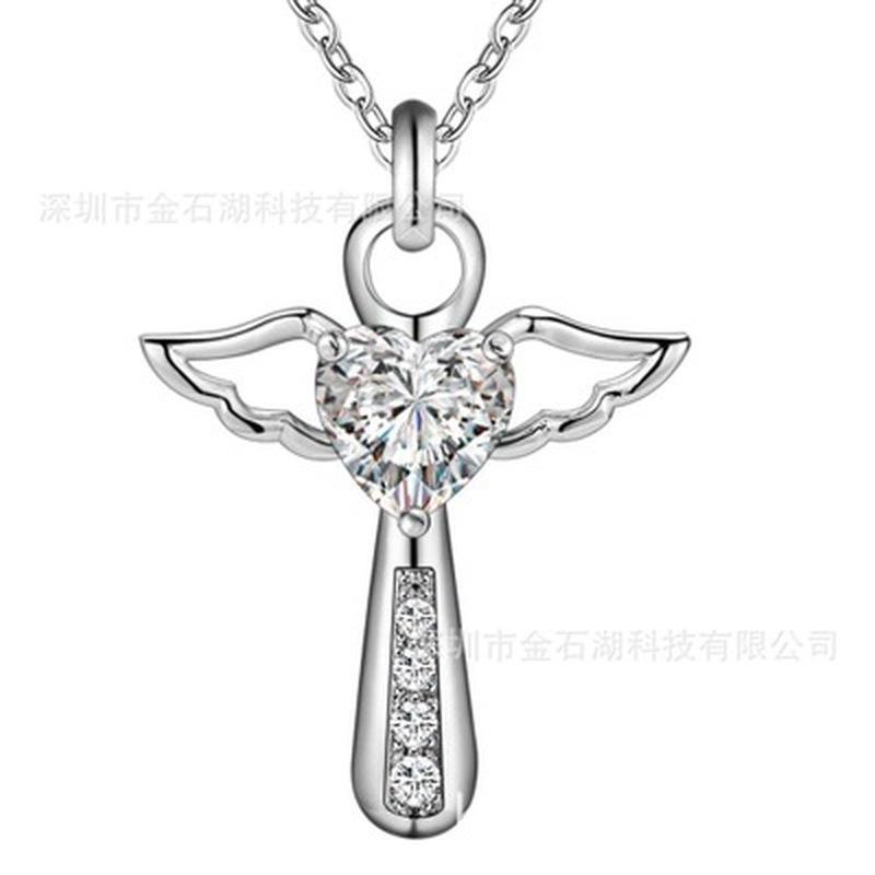 Иисус Крест Любовь Ангел Сердце Крыло Серебряный кулон Ожерелье 18 дюймов Женщины Девушка Леди Подарок