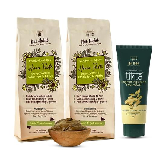 Nat Habit Ready To Apply Henna Paste & Brightning Ubtan Face Wash Combo For Men & Women Natural Glow, Skin Types (Combo Pack of 3)