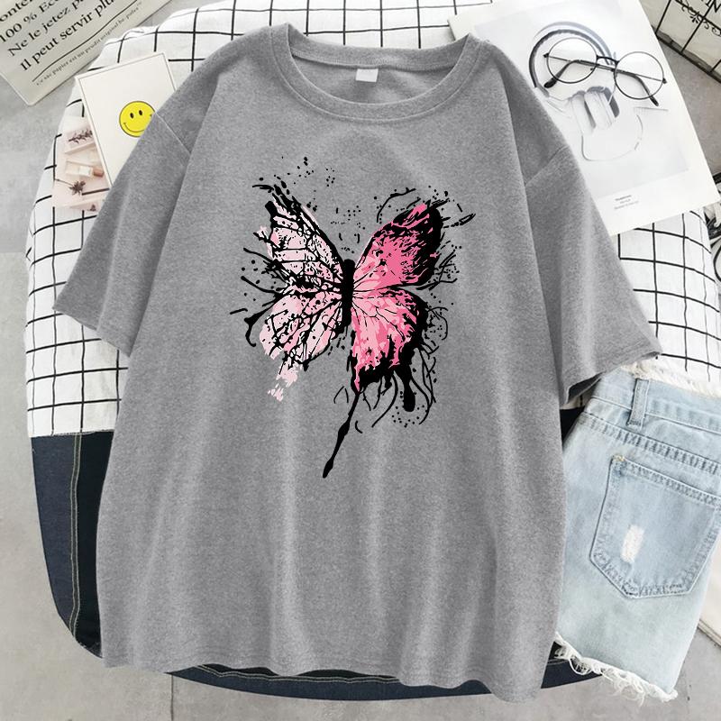 Розовая футболка с бабочкой Harajuku, женская повседневная дышащая футболка в стиле хип-хоп с коротким рукавом, хлопковая крутая футболка большого размера