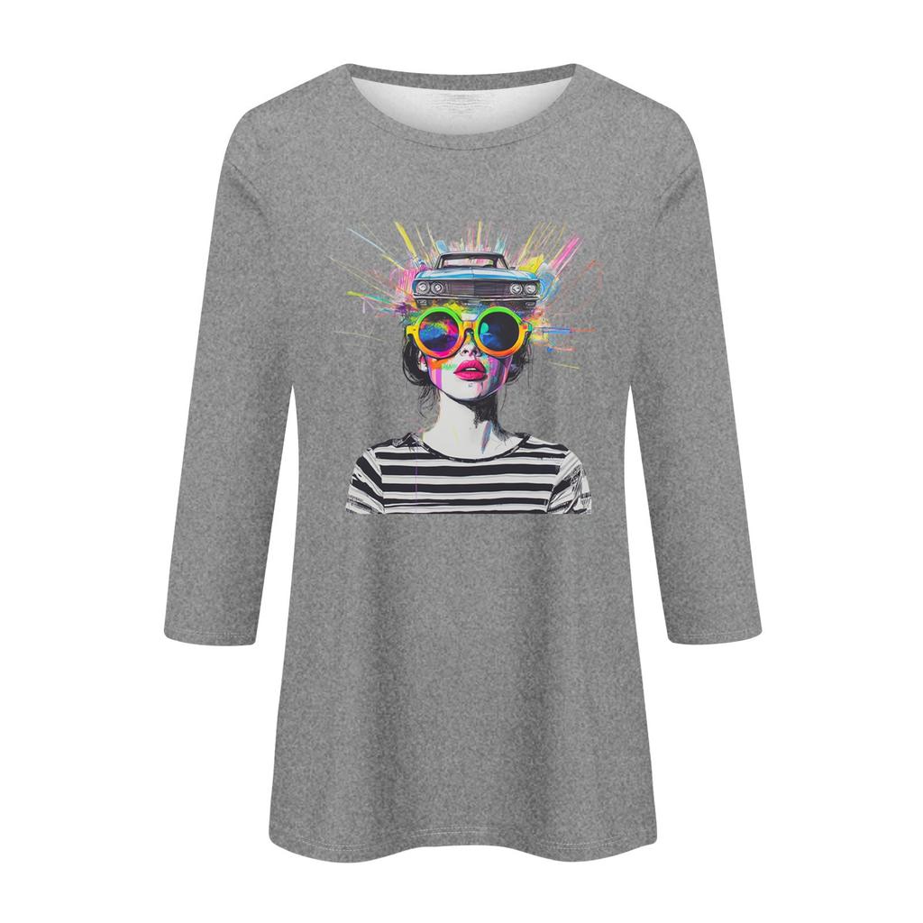 Женская мода повседневная три четверти рукава с принтом персонажей круглый вырез пуловер топ