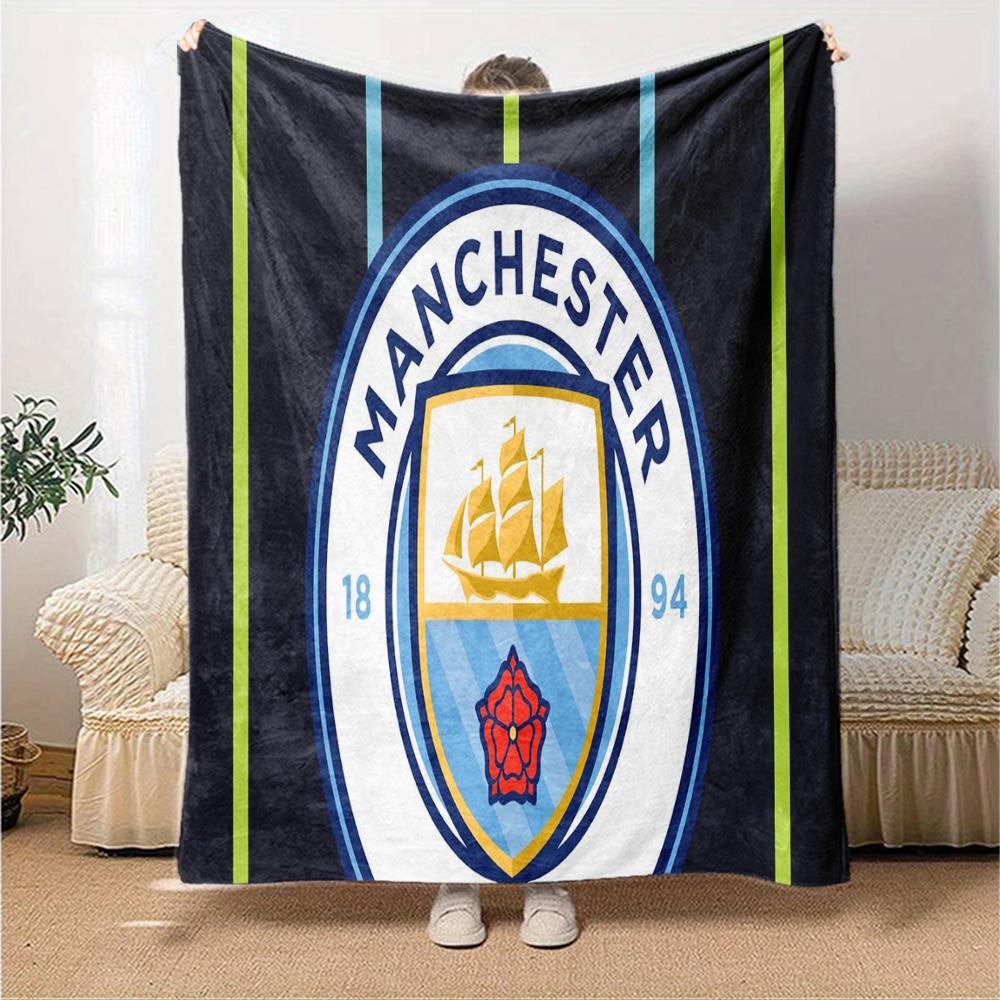 Manchester City Crest Flannel Blanket, Soft Polyester, Modern Design, All-Season for Camping, Travel, Gifts for holidays or birthdays