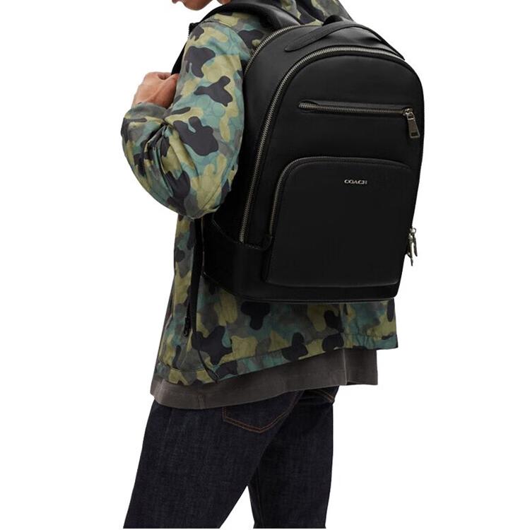 Coach 32 Solid Color Simple Zipper Closure Large Capacity Multifunctional Leather Backpack Men backpack Black CO992-QBBK