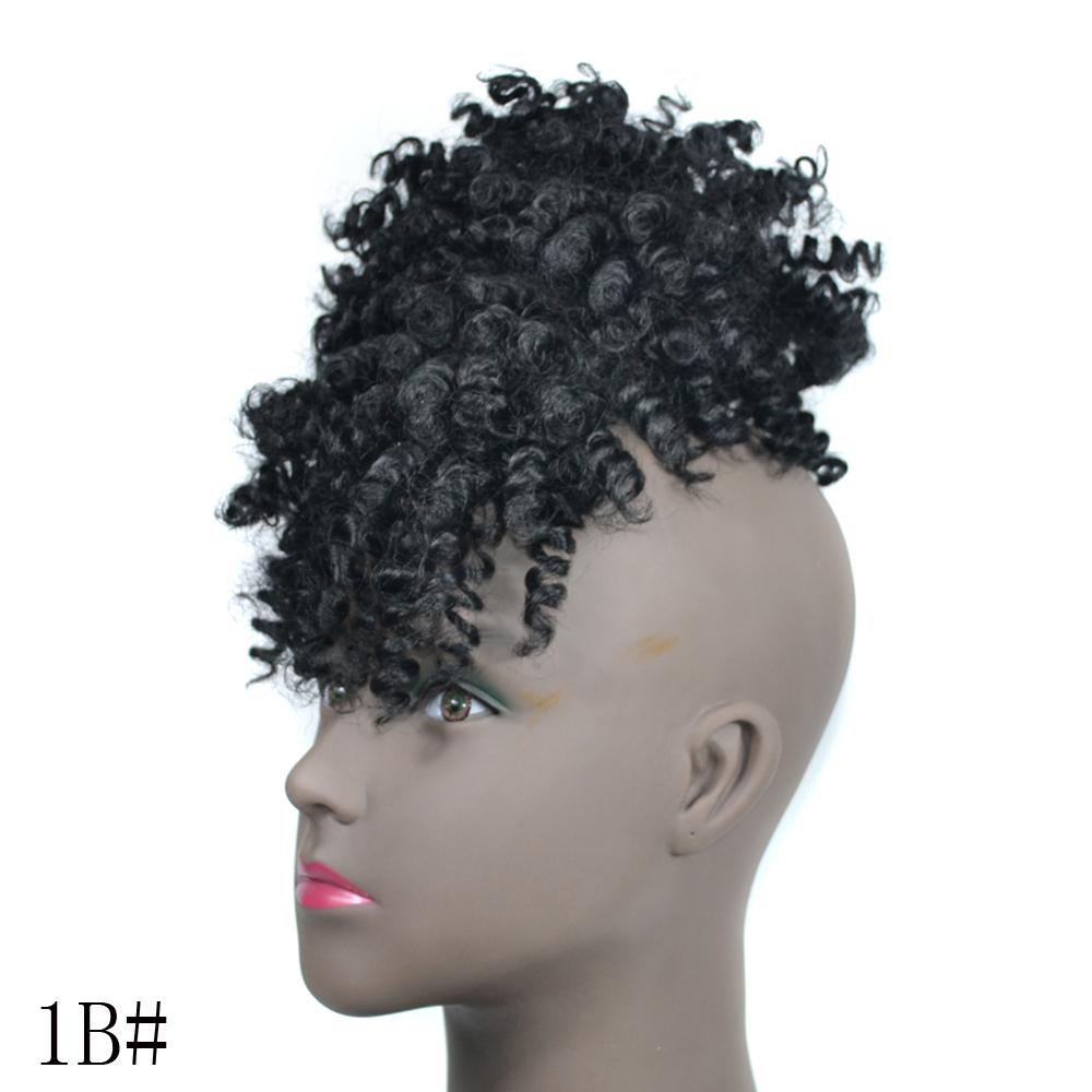 Afro Puff Hair Bun Chignon Drawstring Ponytail with Bangs, Black Kinky Curly Ponytail Bun with Bangs Updo Hairpiece For Women