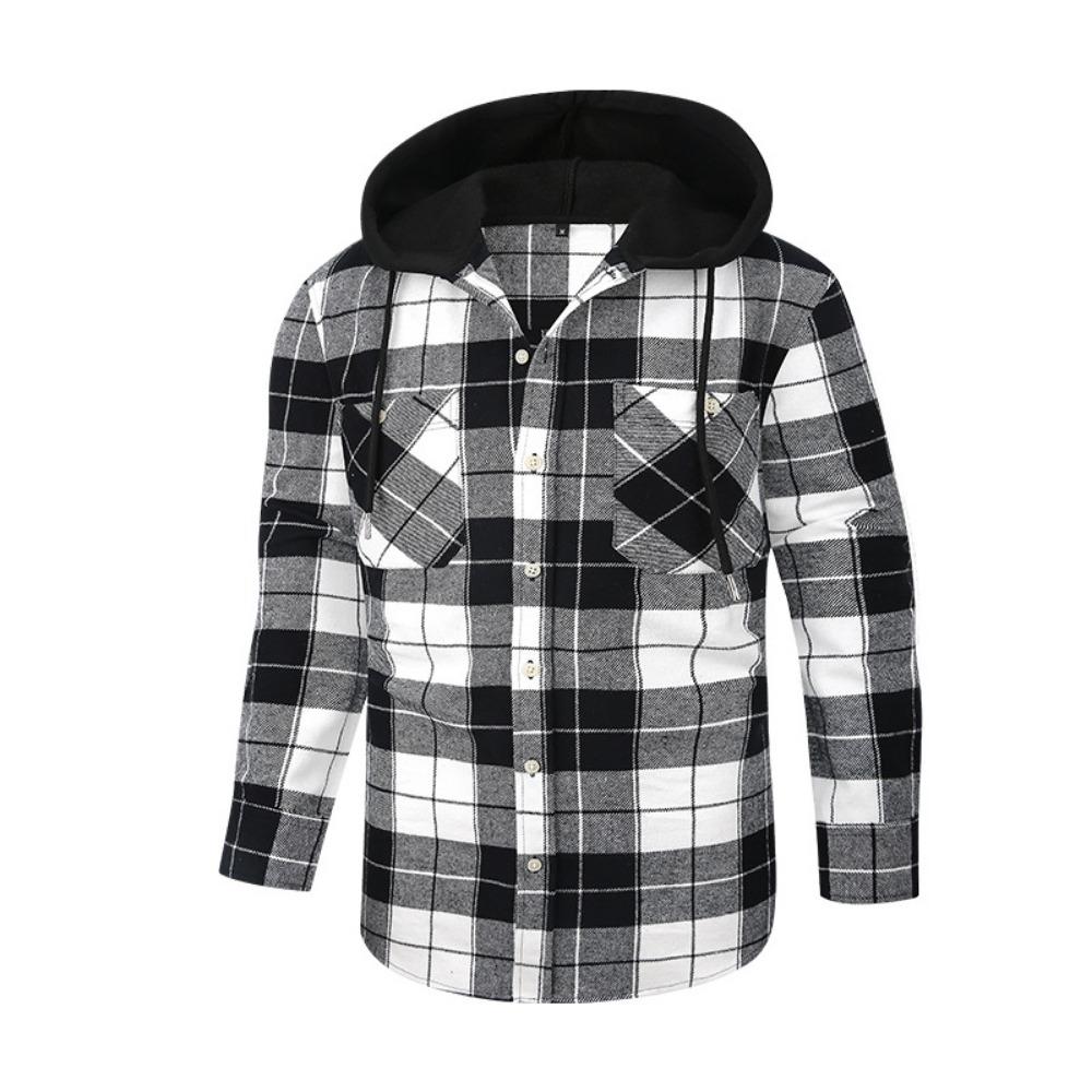 New Hooded Men's Plaid Shirts Long Sleeved Casual Flannel Loose Coat Fashion Street Style Men's Sports Shirt Jacket Male Clothes