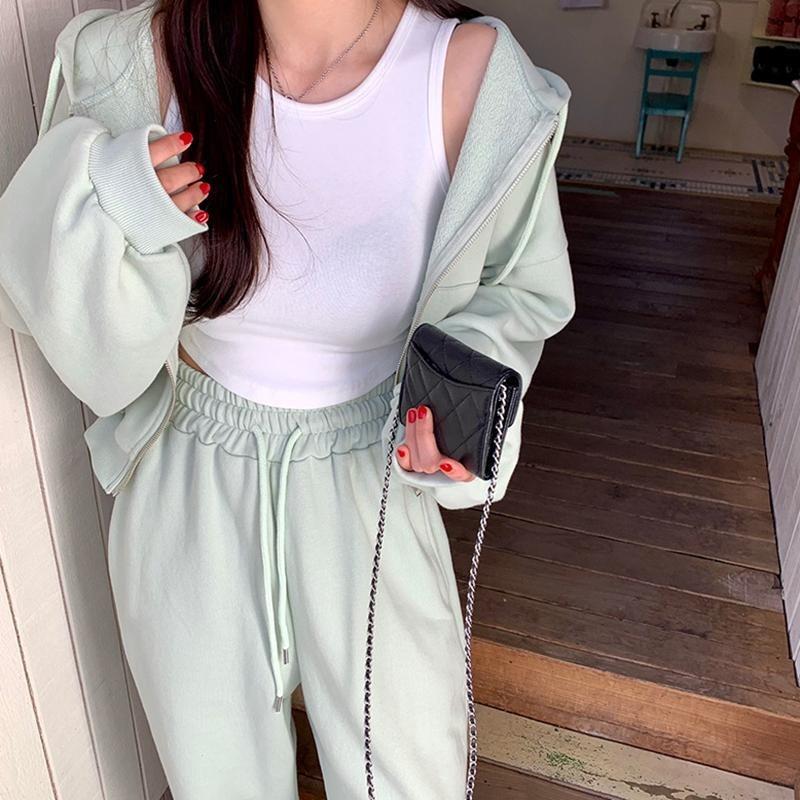 Korean Hooded Cardigan Sweatshirt Set for Petite Women Solid Color Casual Loose Top High Waist Straight Leg Pants Two-piece Set