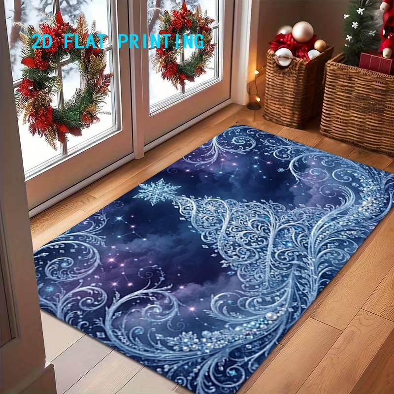 1pc, 2D Flat Printing, Winter Christmas Style Blue Background Carved Snowflake Door Mat, Non-Slip And Machine Washable Easy to Clean Polyester Carpet,