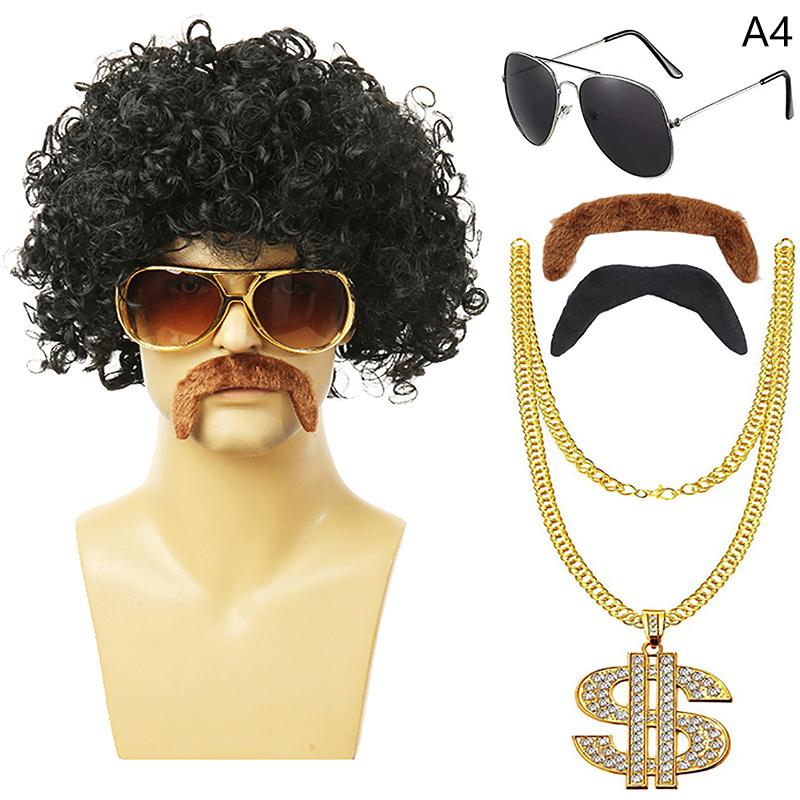 1 Set Men'S Black Short Curly Synthetic Cosplay Wig Gold Brown 70S 80S Disco Mustache Gold Chain Halloween Costume Party Wig