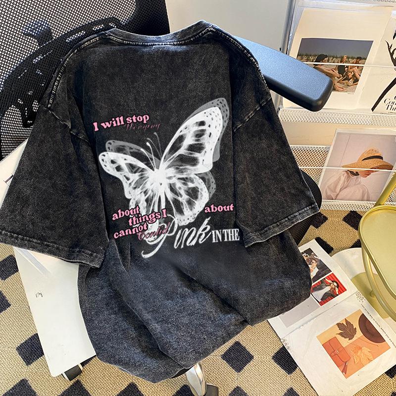 Летняя женская футболка с коротким рукавом и винтажным принтом «Бабочка» с эффектом потертости и состаривания