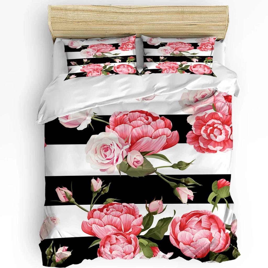 Red Rose Flower Black Duvet Cover Bed Bedding Set For Double Home Textile Quilt Cover Pillowcases Bedroom Bedding Set (No Sheet)