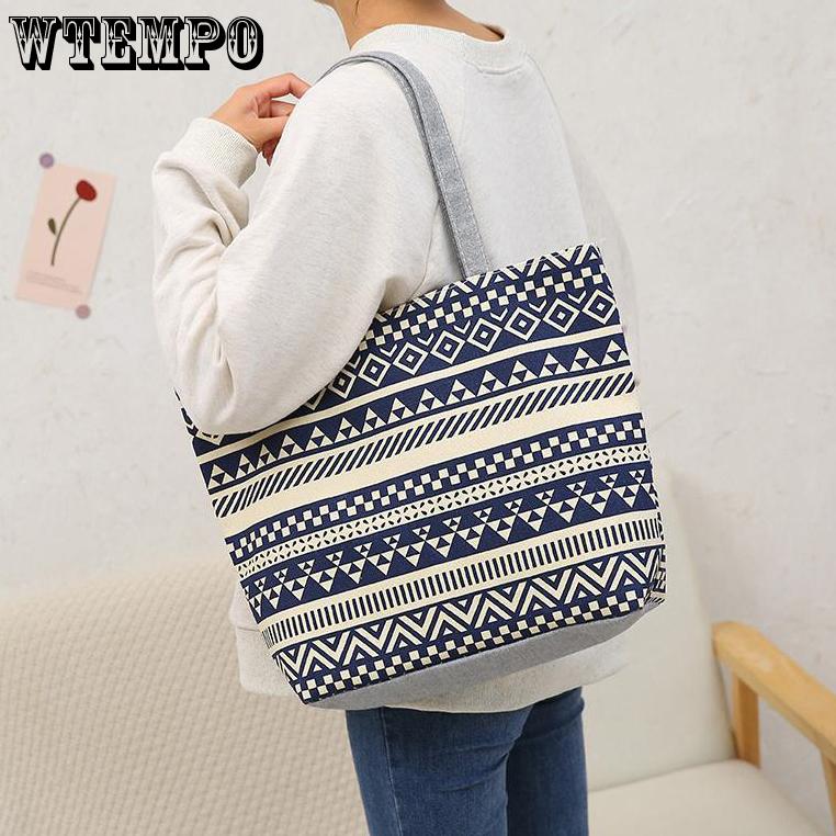 WTEMPO Double-sided Printed Women's Single Shoulder Bags Large Capacity Handbags Large Ethnic Style Leisure Shopping Tote Bags