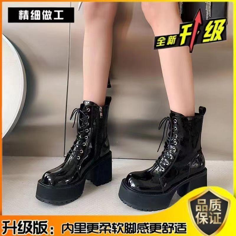Round Head Thick Heel Lace-up Martin Boots High Heel Waterproof Platform Platform Platform Short Boots Small Retro White Soft Leather Boots Women