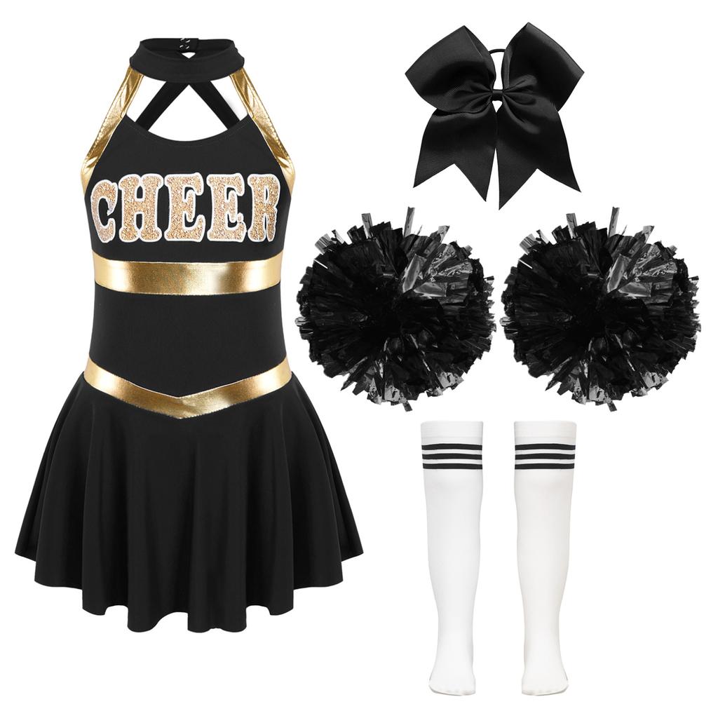 Kids Girls Cheer Leader Costume Halloween Cosplay Party Outfits Uniform Sleeveless Dress with Pom Poms Hair Tie Socks