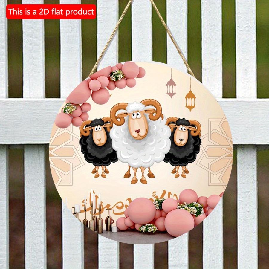 2D Flat 20cm1pc Eid Festival Cartoon Cute Sheep Pattern Round Wooden Pendant, Taste Delicous Food Carnival Theme Home Hanging Decor, Wood Crafted Art