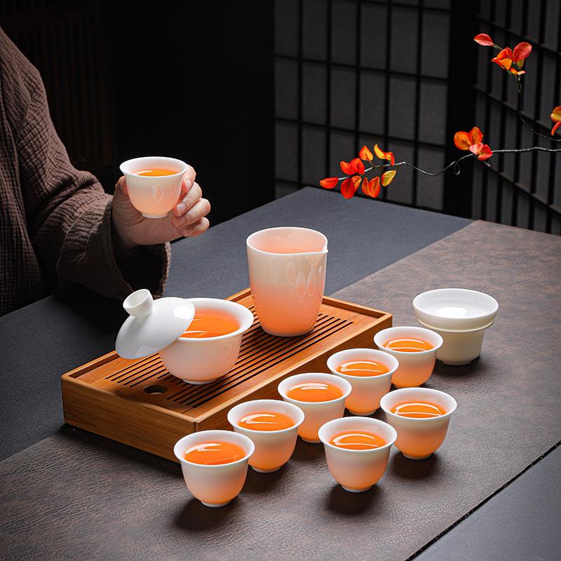 Dehua white porcelain suet jade business kung fu tea set with gift box, household cover bowl tea set gift box