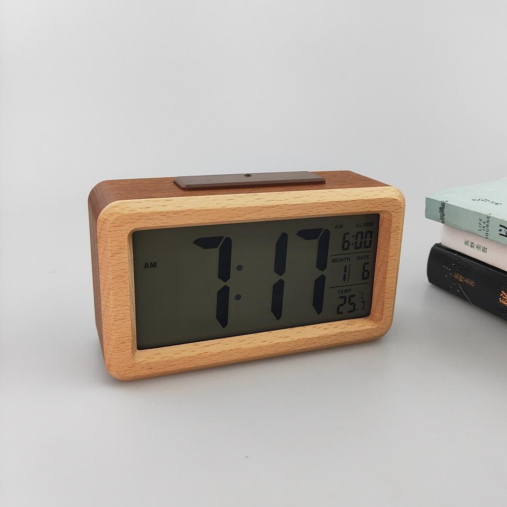 Цифровой будильник Деревянные прикроватные часы с большим ЖК-дисплеем с подсветкой, температурой, функцией повтора, датчиком яркости