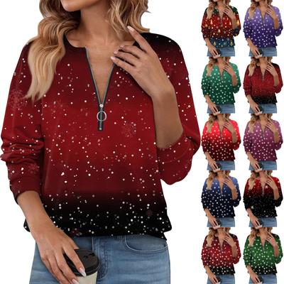 Женский повседневный свитер с длинным рукавом и застежкой-молнией на четверть дюйма с принтом, повседневный топ, осенняя одежда на Рождество