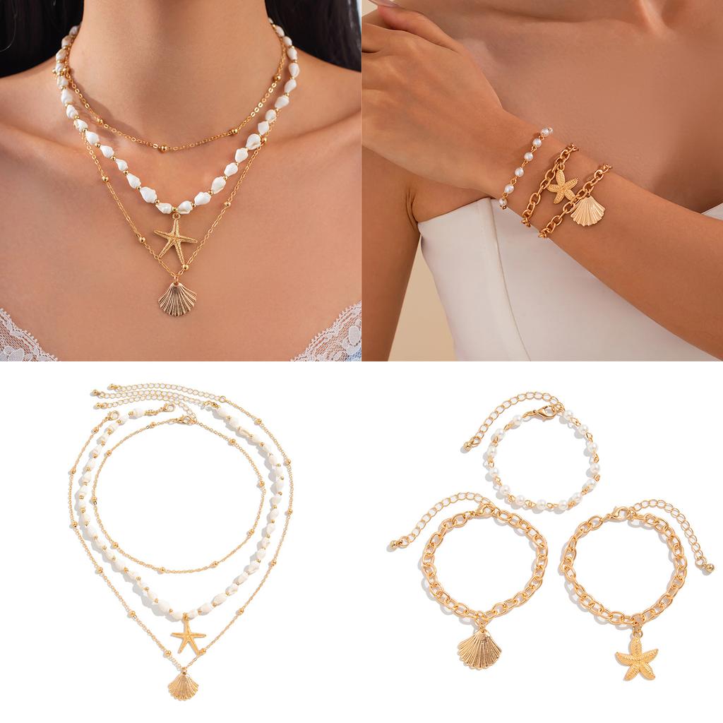 Bohemian Seashells Starfish Pearls Necklace Set Adjustable Tassels Clavicle Chain Beach Jewelry Accessory for Women