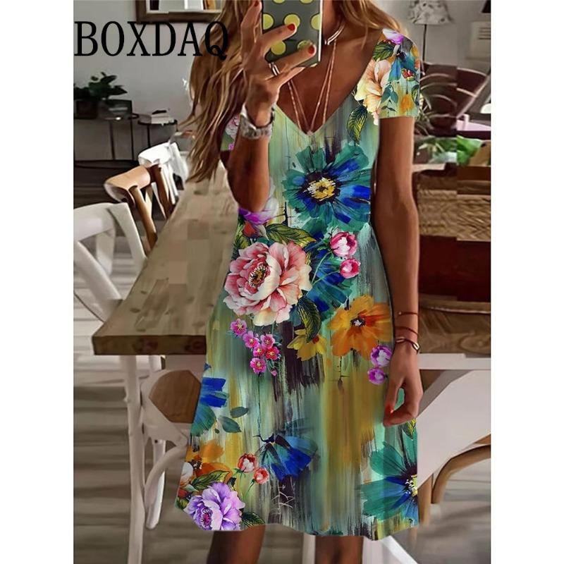 Женское повседневное платье летнее с растительным цветочным принтом, V-образным вырезом, миди-платье, винтажное, на каждый день, с коротким рукавом, свободное, больших размеров, 6XL, сарафан