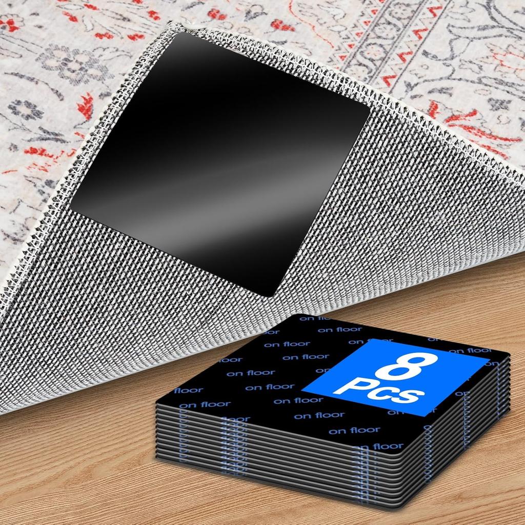 Premium Rug Grippers & Carpet Tape – 12PCS Square Anti-Slip Pads for Area Rugs, 3.9 Inch, Prevent Curling & Sliding, Ideal for Hardwood, Tile,