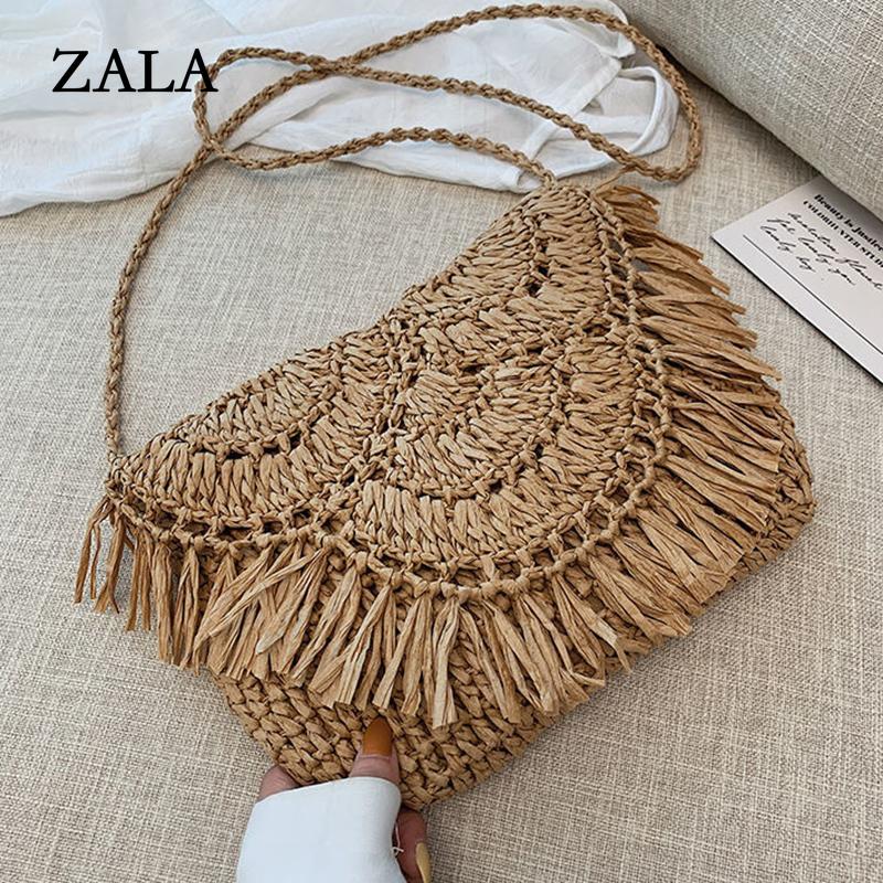 Соломенная сумка с кисточками для женщин, богемная пляжная сумка, тканая маленькая сумка через плечо, летняя полая сумка на плечо, женская сумка, кошелек