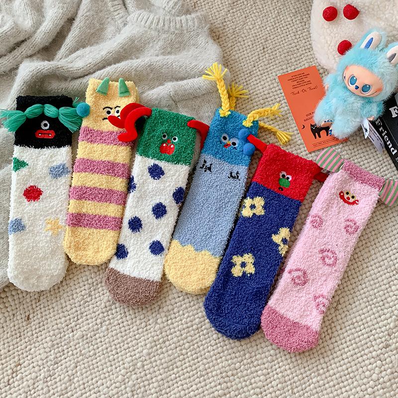 Super Cute Cartoon Socks Medium Tube Socks Season Thickened Warm Coral Fleece Socks Embroidered Expression Floor Sleeping Socks