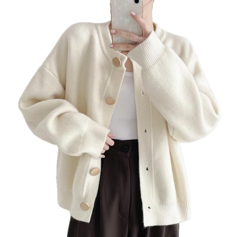 Осенне-зимний дизайн Однобортный вязаный свитер Женский кардиган Ленивый стиль Свободный Однотонный С круглым вырезом Топ