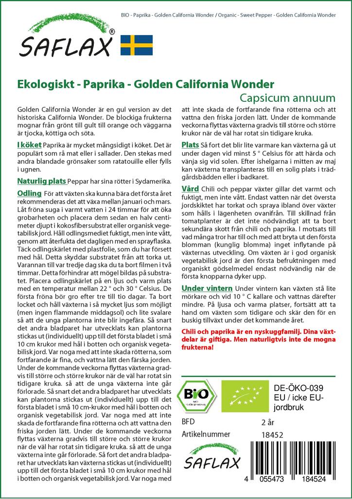 SAFLAX Garden in the Bag - Органический - Перец сладкий - Golden California Wonder - 20 семян - С субстратом в подходящем пакете - Capsicum annuum