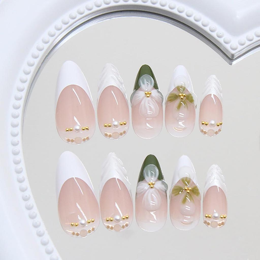 24Pcs Flower Press on Nails Green Fake Nails Medium Almond Shaped Pearl with Gold Beads Design 5D Spring Floral Glue on Nails Artificial White French
