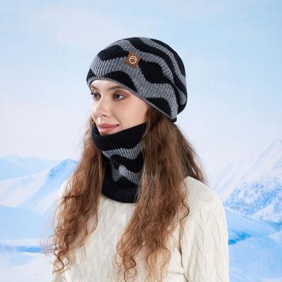 Зимний уличный теплый шарф с защитой ушей, комплект из двух предметов, двухцветная вязаная шерстяная шапка, женская