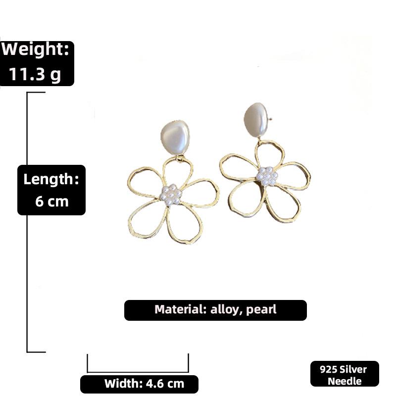 925 Silver Needle Simple Pearl Flower Earrings For Women Fashion High -End Metal Sense Temperament Earrings Trend