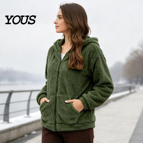Soft Plush Outerwear Women Oversized Fleece Jacket, Warm Casual Hooded Coat with Solid Color Pockets, Long Sleeve Zip-Up Hoodie for Fall Winter