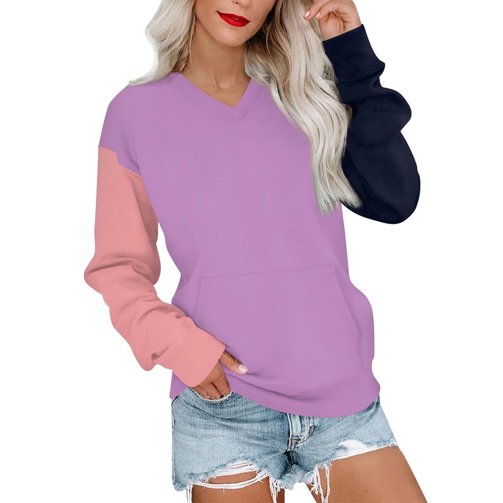 Женская повседневная модная цветная стеганая толстовка с V-образным вырезом и длинным рукавом, легкий пуловер с карманами