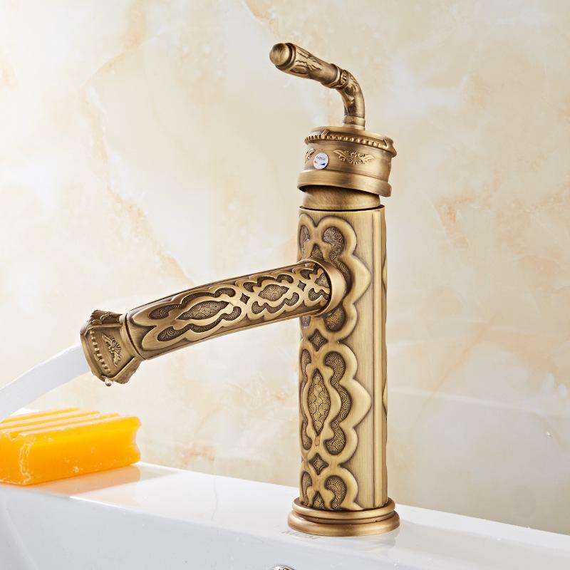 Винтажные Резные Настенные Смесители для Раковины из Цельной Латуни Винтажный Антикварный Смеситель для Ванной Комнаты Смеситель для Раковины с Поворотным Изливом на 360 Градусов Горячая Холодная Вода