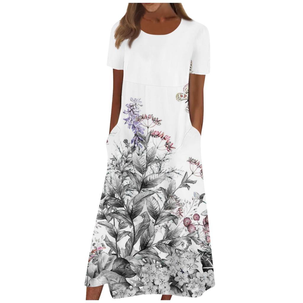 Women's Summer Casual Fashion Floral Print Short Sleeve Round Neck Pocket Dress