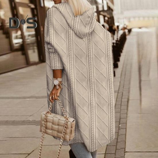 Женский осенне-зимний свитер, пальто с аппликацией с капюшоном, однотонный, толстый трикотаж, свободный, средней длины, с карманами, кардиган, с открытой строчкой, женский свитер, куртка