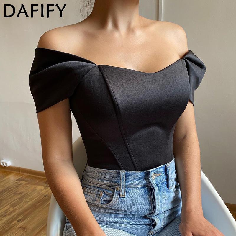 DAFIFY Women's Fashion Casual Summer Spring Solid Color Print Short Sleeve One Shoulder Blouses & Shirts