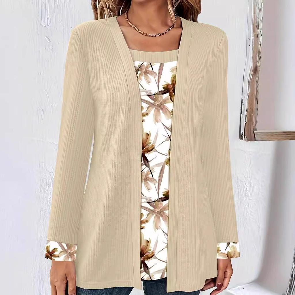 Осенне-весенний женский фальшивый топ из двух частей с квадратным воротником и принтом, блузки, повседневная свободная футболка с длинным рукавом