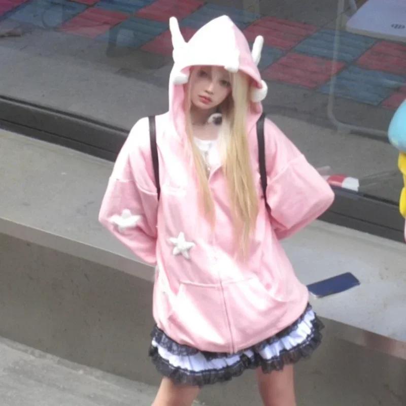 Deeptown Kawaii толстовки женские японские Y2k Star Girl розовый Harajuku готический ангел толстовки на молнии большие размеры Cutecore топы в стиле Лолита
