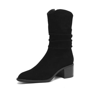 Коровья замша нубук круглый носок толстый каблук ковбойские сапоги размер 42 слипоны женские плиссированная отделка сапоги до середины икры