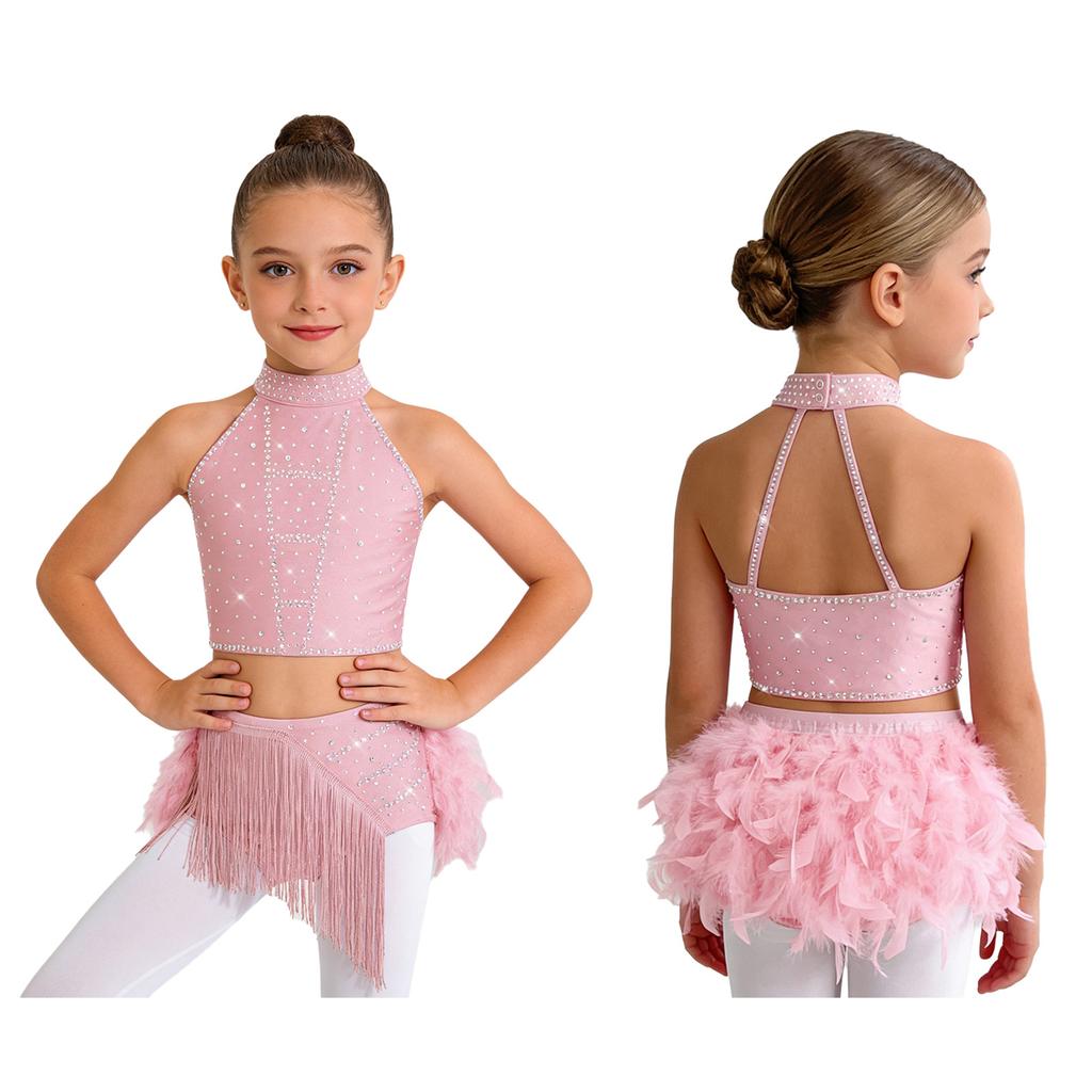 Блестящий костюм для танца с кисточками и перьями для девочек: Укороченный топ-халтер со спинкой на бретельках и юбка с эластичным поясом для сценического выступления