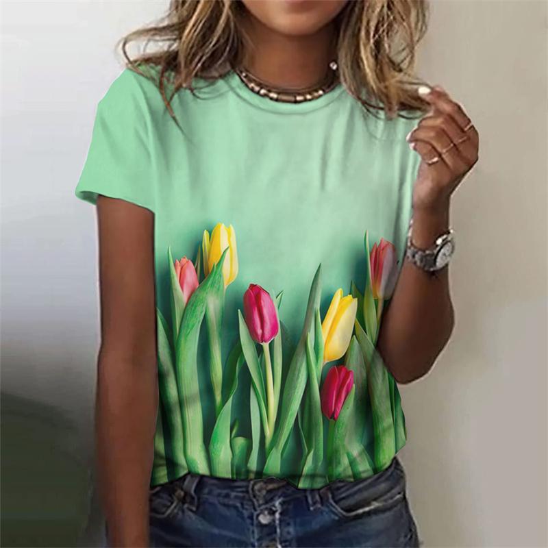 Flower Rose T Shirt For Women Funny Colorful 3D Printed Tees Summer Oversized Tops Short Sleeves Round Neck T-Shirts Streetwear