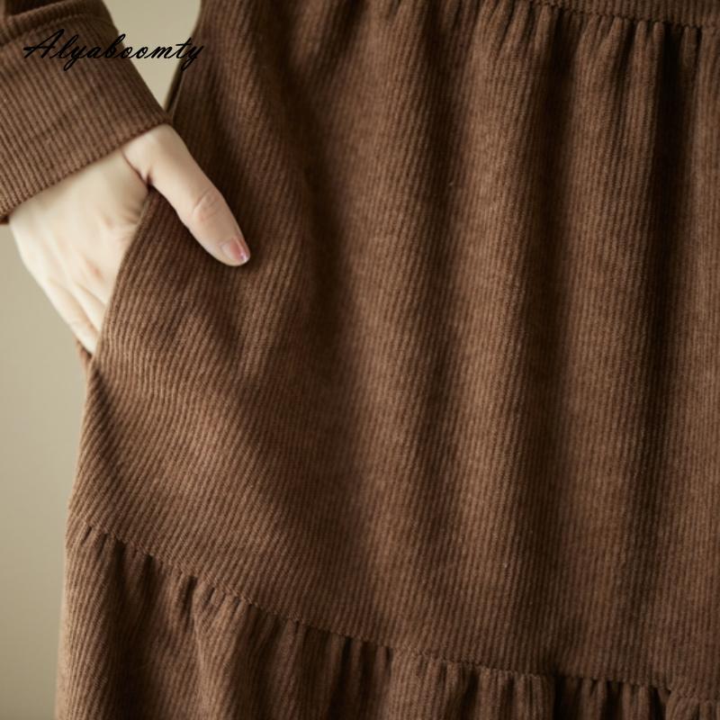 Плюс размер осень-весна женское платье большого размера с воротником Питера Пэна черно-зеленое кофейное повседневное свободное платье винтажное вельветовое платье с длинным рукавом